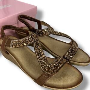 NEW GC Shoes Sandals Size 8 Brown rhinestone Embellished Low Wedge Strappy Boho